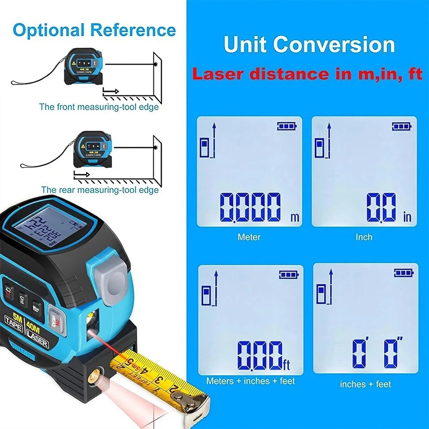 3-in-1 Laser Tape Measure 40/60M Meters Infrared Laser Distance Measuring Smart Energy Ruler