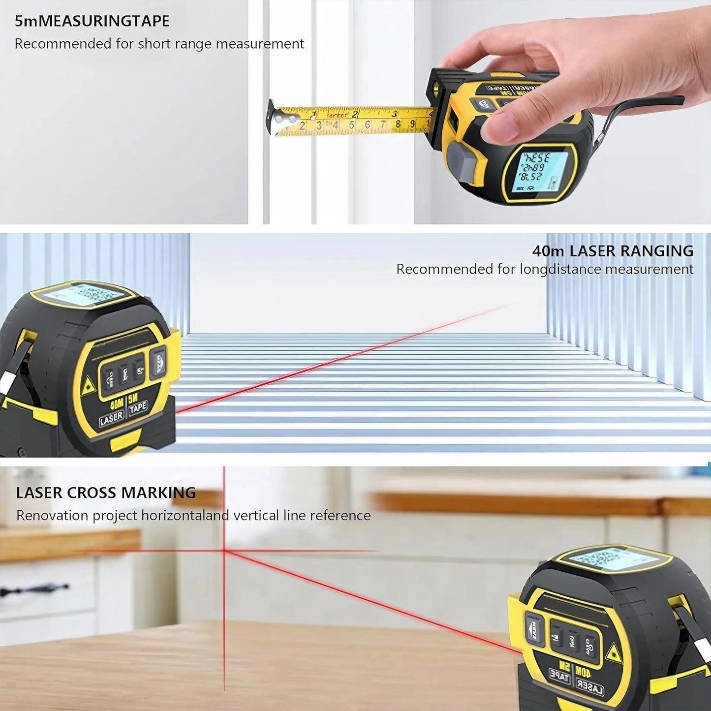3-in-1 Laser Tape Measure 40/60M Meters Infrared Laser Distance Measuring Smart Energy Ruler